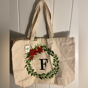 F monogram tote bag Holiday gift bag Christmas Wreath Poinsettia Nantucket bags